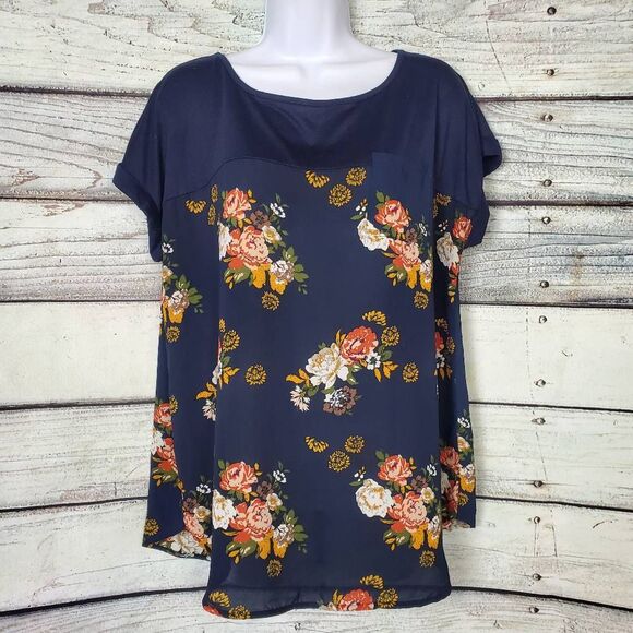Mason & Belle Women’s Blouse XL Navy Blue Floral Print Short Sleeve Top - Picture 1 of 7